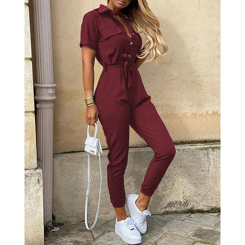 Women Short Sleeve Utility Overall with Waist Tie Belt and Slim Jogger Legs Mune Fashion