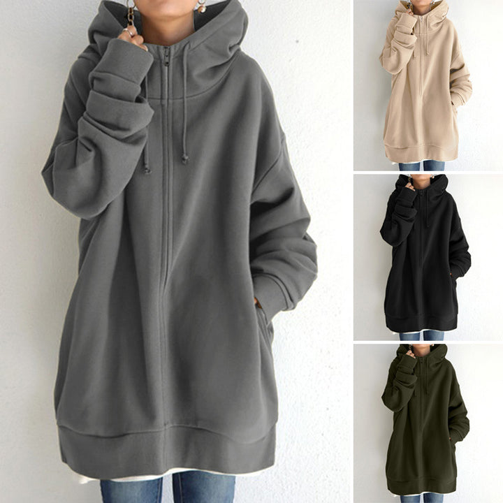 Women's oversized hooded long pullover with zipper and side pockets Mune Fashion
