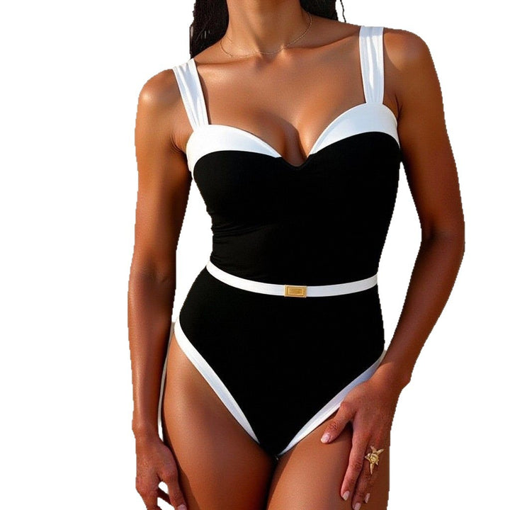 Women Elegant Swimwear One-Piece with Heart Neckline and Waist Belt Mune Fashion