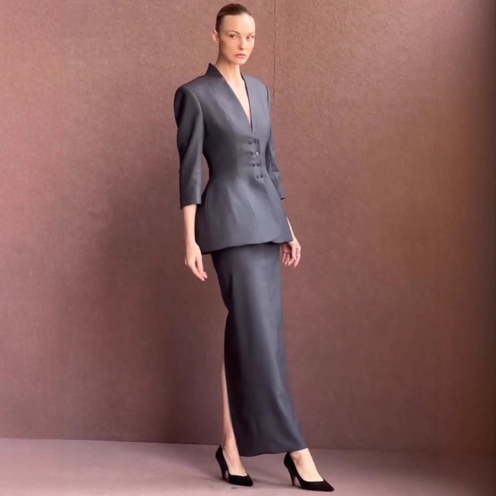 Women Tailored Peplum Blazer with Emphasized Waist and Deep V-Neck Mune Fashion