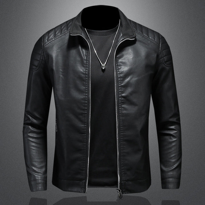 Men's Slim Faux Leather Blouson with Stand Collar and Quilted Shoulder Area Mune Fashion