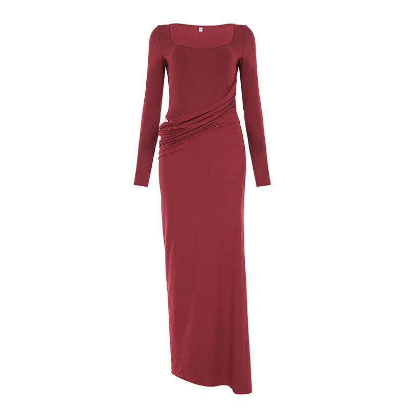 Women's Figure-Hugging Maxi Dress with Boat Neck, Side Gather and Stretch Jersey Mune Fashion