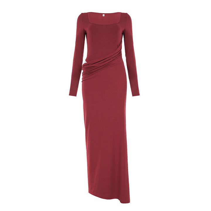 Women's Figure-Hugging Maxi Dress with Boat Neck, Side Gather and Stretch Jersey Mune Fashion