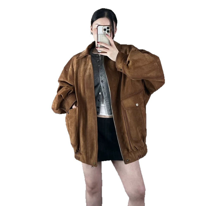 Ladies Oversize Suede Bomber Jacket with Elastic Hem Mune Fashion