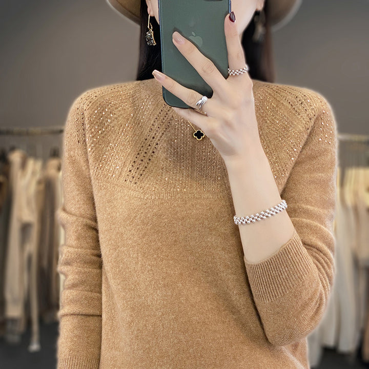 Ladies Soft Cashmere-Look Fine Knit Sweater with Ajour-Yoke and Sequin Trim Mune Fashion