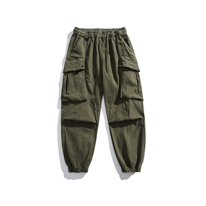 Men's utility cargo pants with elastic waistband, multiple pockets, and elastic cuffs.
