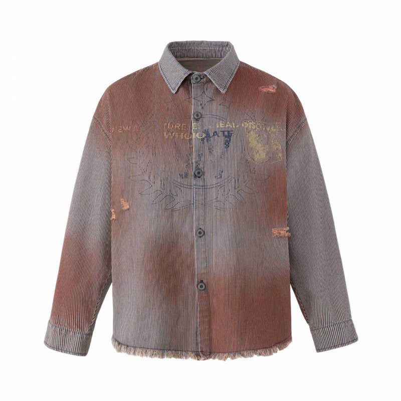 Unisex Boxy Overshirt Jacket made of Fine Cord with Used Effect, Fringes and Button Placket Mune Fashion