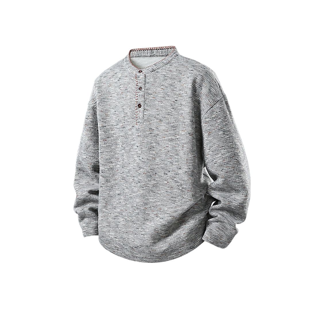 Men's Melange Knit Henley Sweater with Stand-Up Collar, Relaxed Fit and Button Placket Mune Fashion