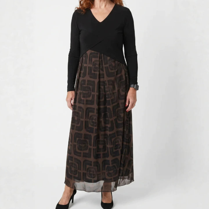 Ladies' V-neck Maxi Dress with Fitted Wrap Top and Transparent Patterned Overlay Skirt Mune Fashion