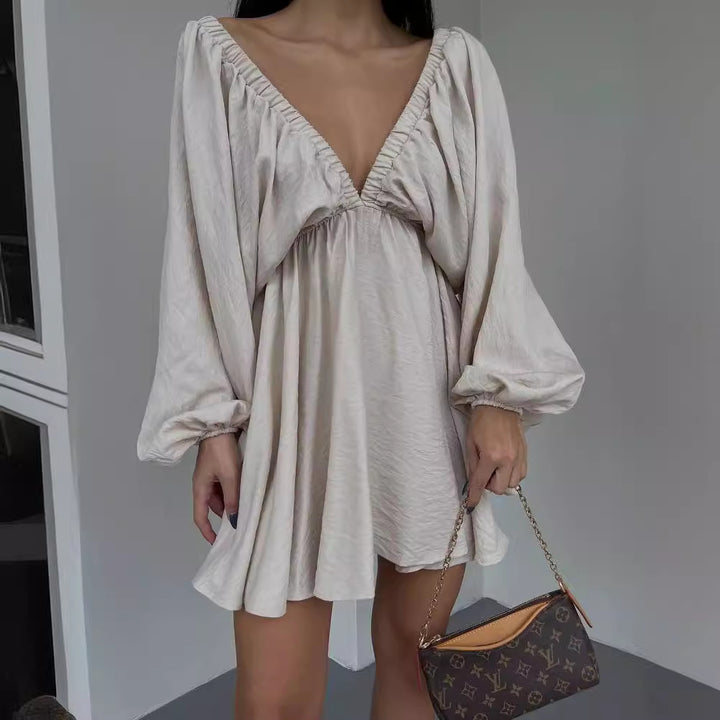 Women Loose Mini Dress with Deep V-Neck and Balloon Sleeves Mune Fashion