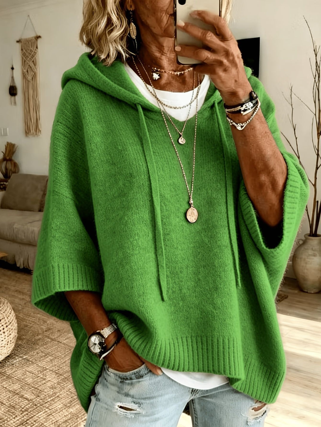Women's oversized knit poncho with hood and short sleeves Mune Fashion