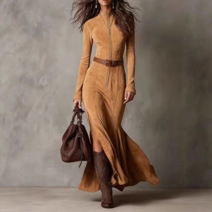 Women's Figure-Hugging Midi Dress Made of Faux Suede with Stand-Up Collar and Central Zipper Mune Fashion