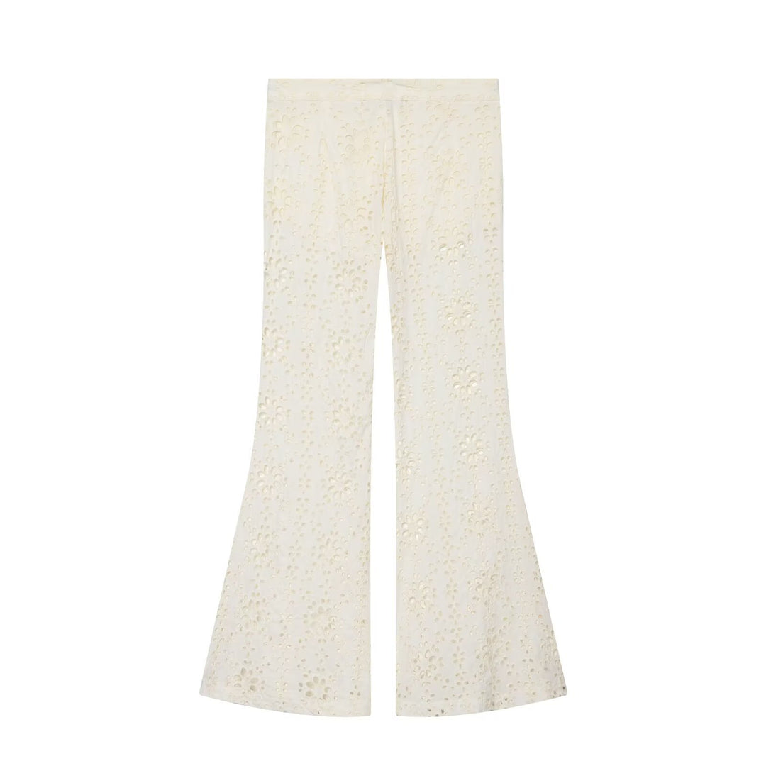 Women's Wide Broderie-Anglaise Flared Trousers with High Waist and Flared Leg Mune Fashion