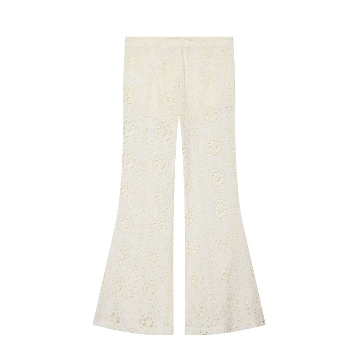 Women's Wide Broderie-Anglaise Flared Trousers with High Waist and Flared Leg Mune Fashion