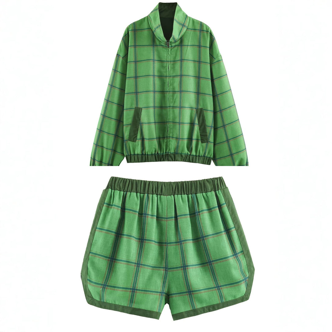 Women's Lightweight Checked Bomber Jacket with Stand-Up Collar, Concealed Zipper and Elastic Hem Mune Fashion