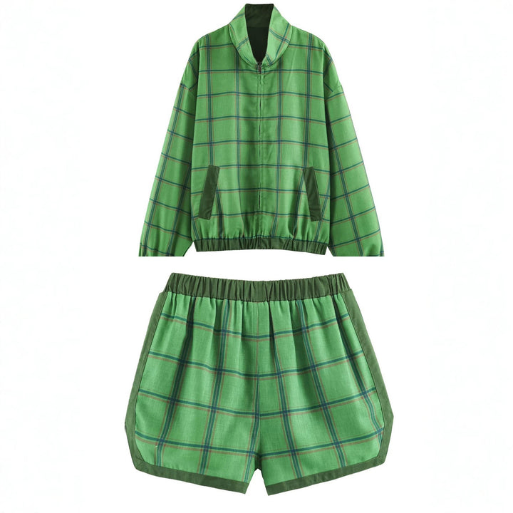 Women's Lightweight Checked Bomber Jacket with Stand-Up Collar, Concealed Zipper and Elastic Hem Mune Fashion