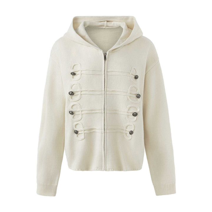 Women's Hooded Cardigan with Military Decorative Buttons and Zipper Mune Fashion