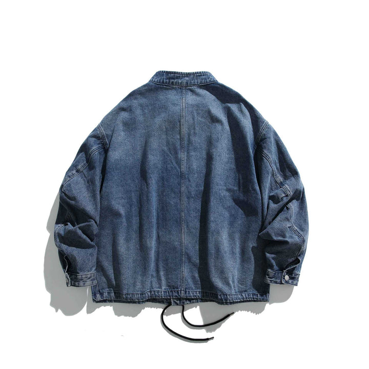 Unisex Short Cut Denim Utility Blouson with Stand Collar and Drawstring Mune Fashion