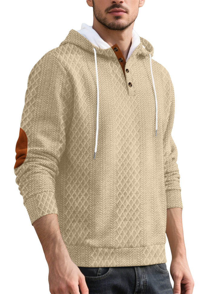 Men's nan diamond structure hoodie with short button placket, quilted hood inner edge, and suede elbow patch Mune Fashion