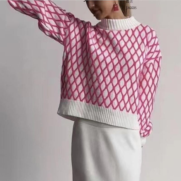 Women's Oversized Knitted Sweater with Diamond Pattern and Stand-Up Collar Mune Fashion