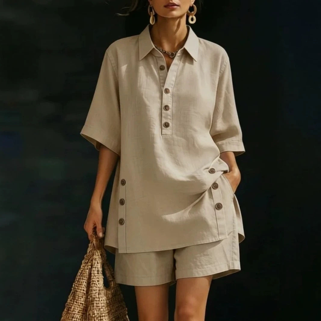 Women's airy linen-look two-piece set with oversized shirt blouse, button placket, and Bermuda shorts Mune Fashion