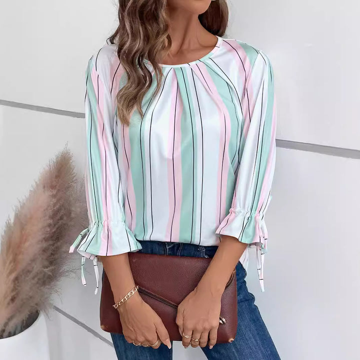 Women's lightweight striped blouse with round neckline and three-quarter sleeves with bow ties Mune Fashion