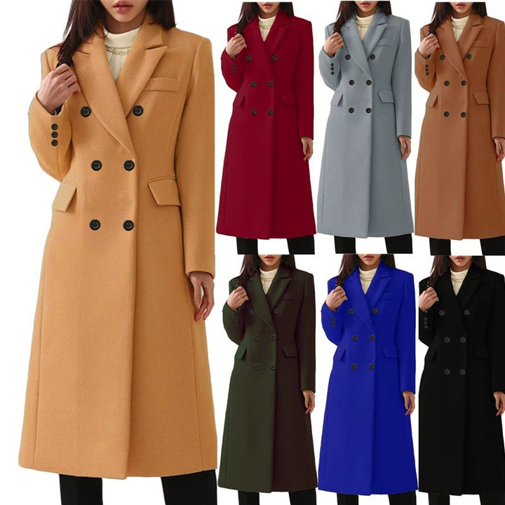 Women's longer double-breasted wool blend coat with lapel collar and patch pockets Mune Fashion
