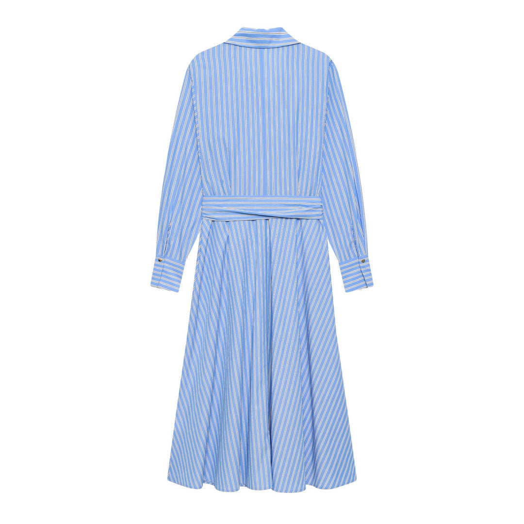 Women's striped shirt dress with tie belt, long cuffs and asymmetrical pointed hem Mune Fashion