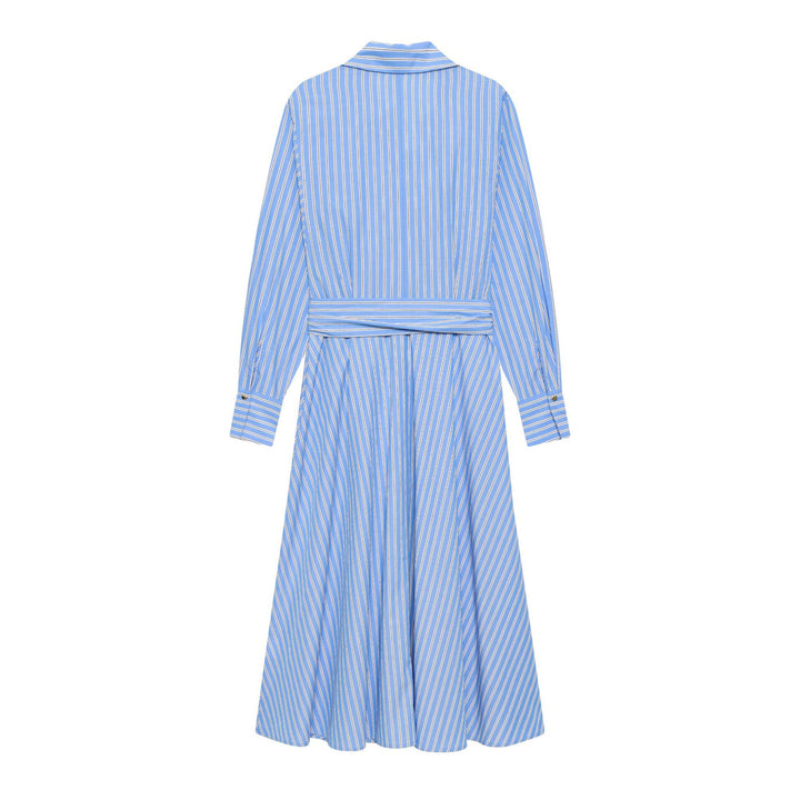 Women's striped shirt dress with tie belt, long cuffs and asymmetrical pointed hem Mune Fashion