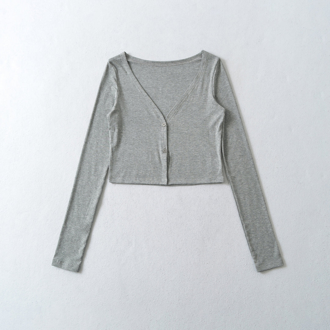Women Cropped Jersey Cardigan with Deep V-Neck and Narrow Button Placket Mune Fashion