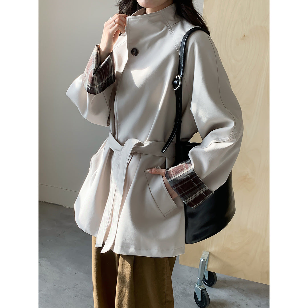 Women's Oversized Trench Coat with Waist Belt and Checked Sleeve Cuff Mune Fashion