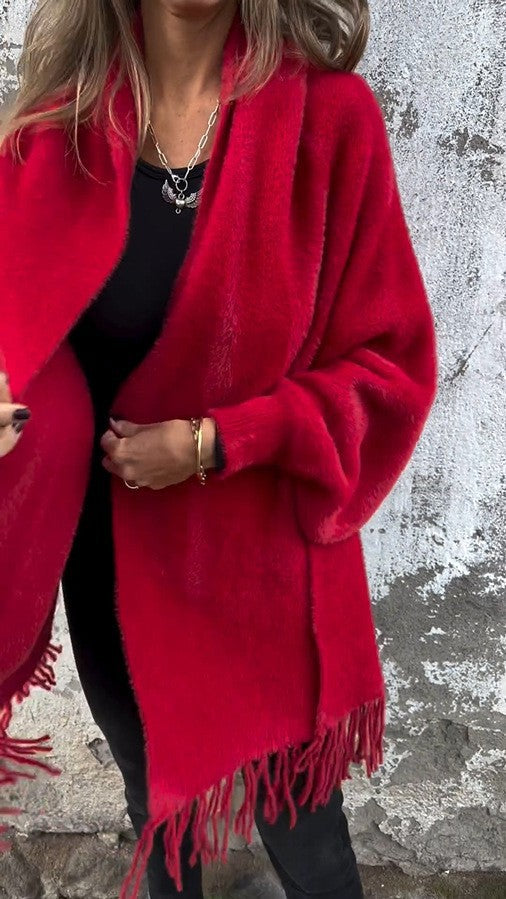 Women's longer cozy fringed cardigan with shawl collar and oversized fit Mune Fashion