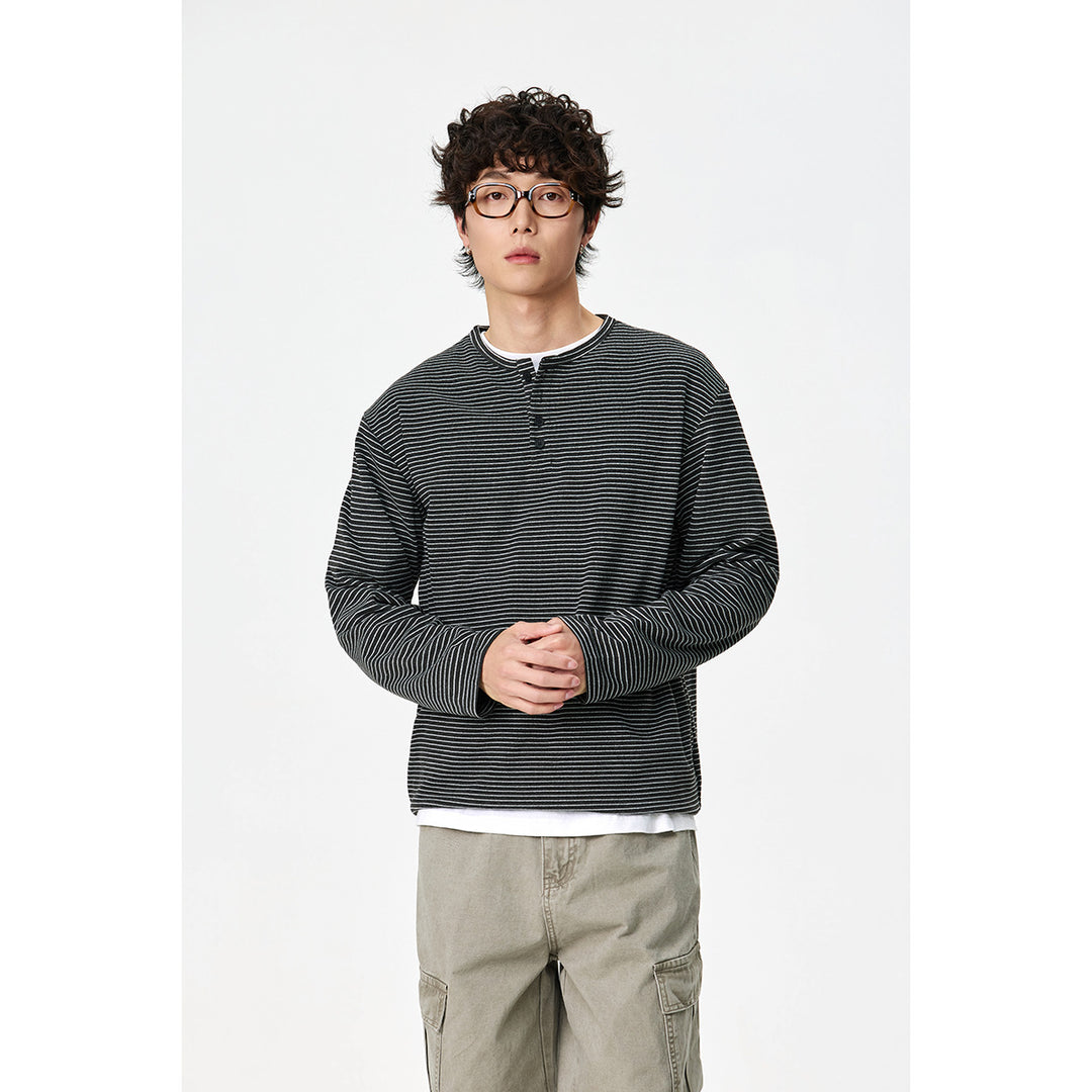 Unisex Striped Henley Long Sleeve Shirt in Oversize Relaxed Fit with Button Placket Mune Fashion