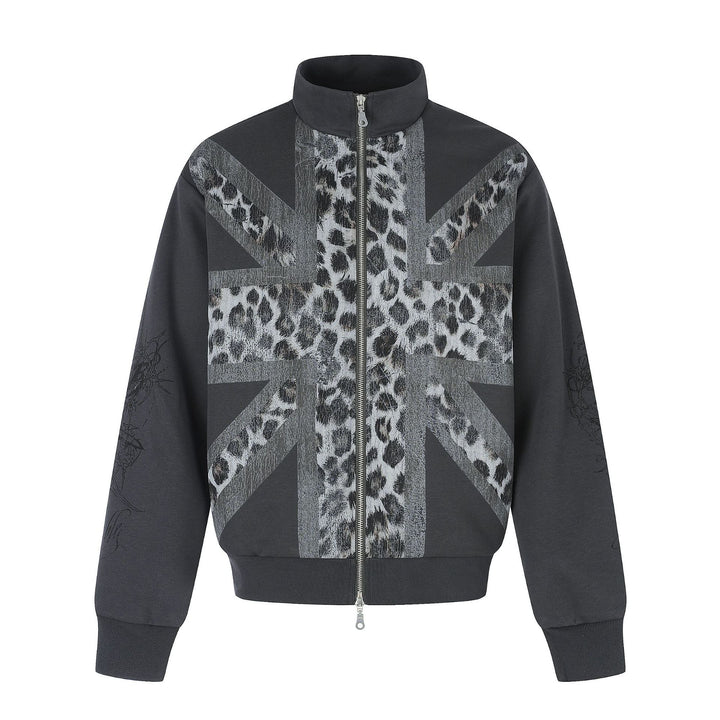Women's Oversized Sweat Jacket with Stand-up Collar and Leopard Print Mune Fashion