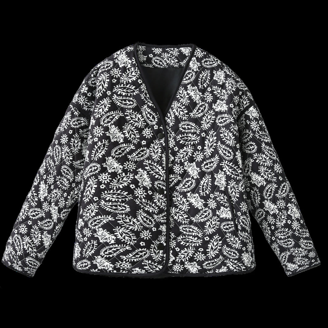Women's quilted jacket with paisley pattern, V-neck and contrasting piping Mune Fashion