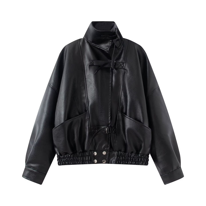 Women's Oversize Faux Leather Bomber Jacket with Elastic Hem and Waist Belt Mune Fashion