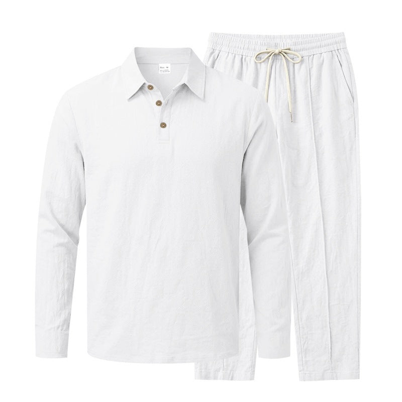 Men's Long Sleeve Polo Shirt and Relax Pants Set in Linen Look with Drawstring Mune Fashion
