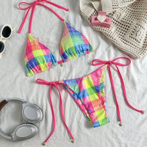 Women Multicolored Checkered Triangle Bikini with Side Ties Mune Fashion