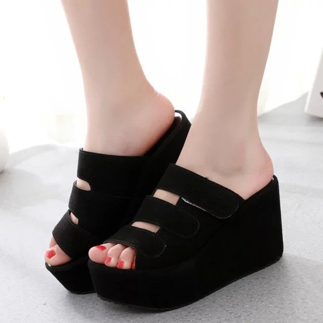 Women's triple adjustable Velcro sandals with high platform wedge heel Mune Fashion