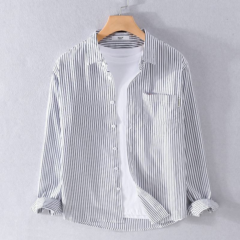 Men's Lightweight Long Sleeve Shirt Made of Cotton Blend with Fine Vertical Stripes and Chest Pocket Mune Fashion
