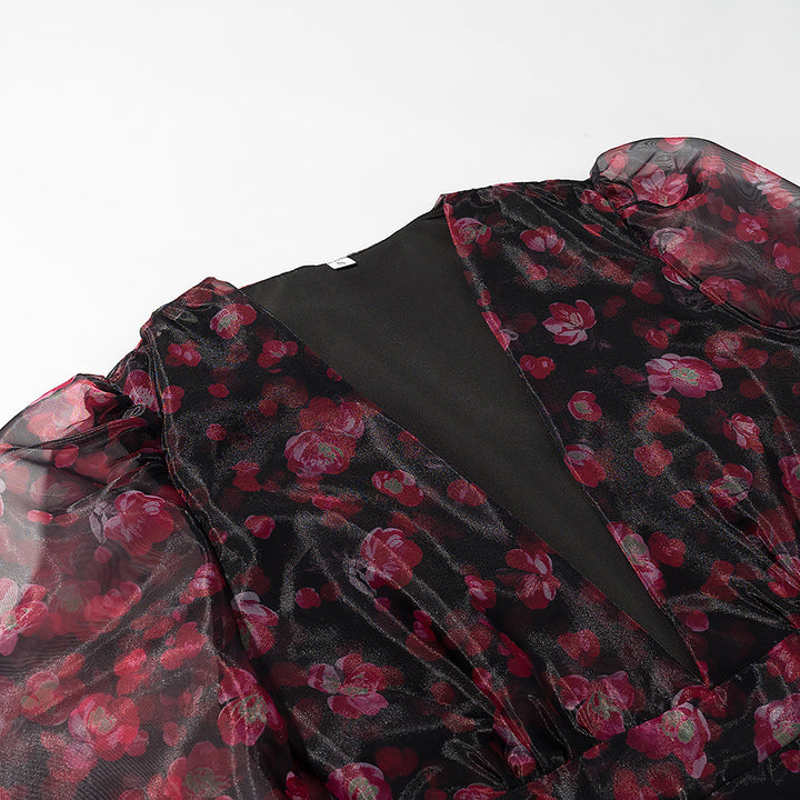 Women's Floral Chiffon Mini Dress with Deep V-Neck, Ruffle Layers and Trumpet Sleeves Mune Fashion
