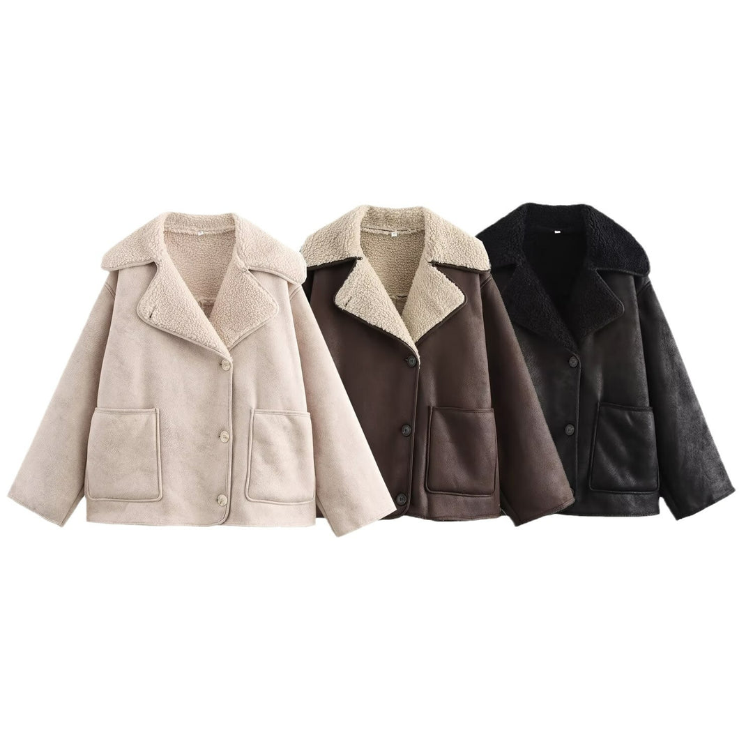 Women Short Lambskin Look Jacket in Boxy Cut with Shawl Collar and Patch Pockets Mune Fashion