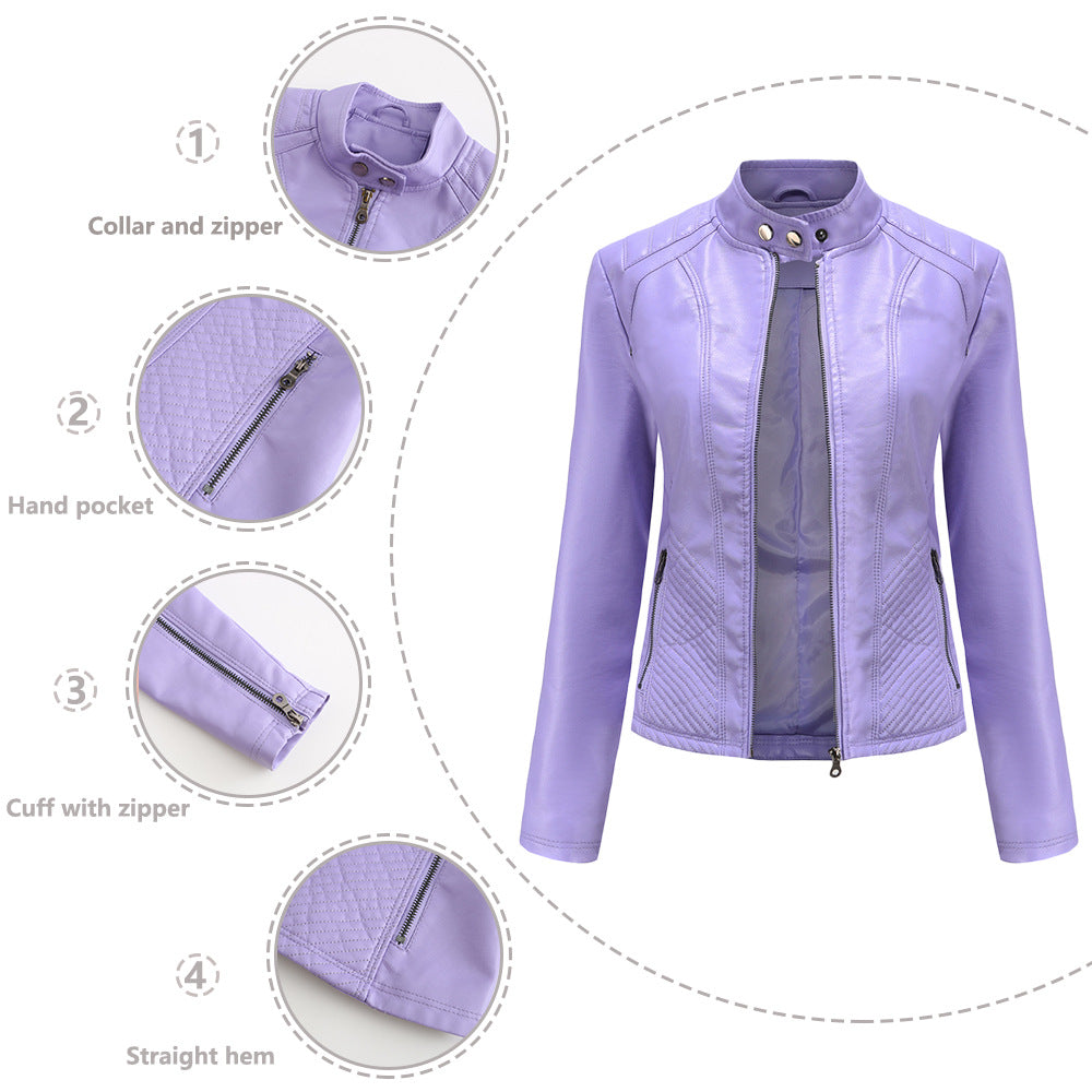 Women's fitted biker faux leather jacket with stand collar and quilted side panel Mune Fashion