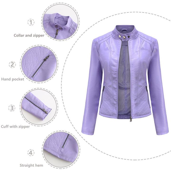 Women's fitted biker faux leather jacket with stand collar and quilted side panel Mune Fashion