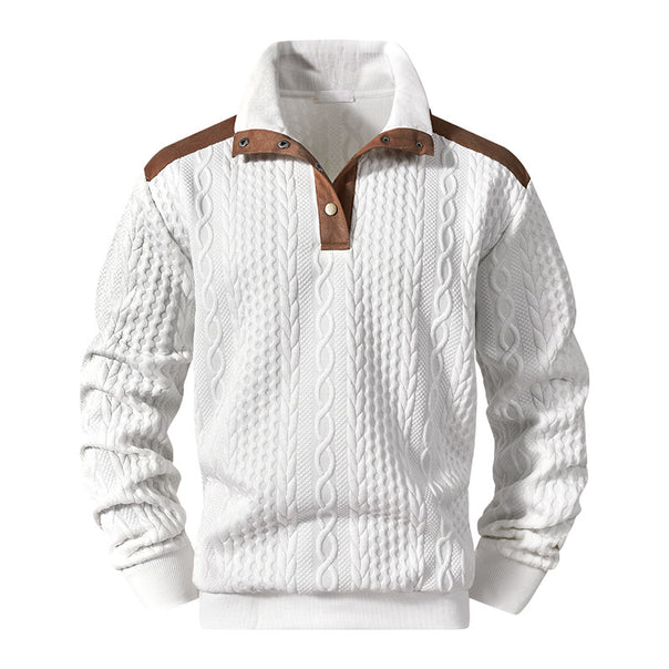 Men's knitted sweater with cable pattern, stand-up collar and contrast shoulder & elbow patches Mune Fashion