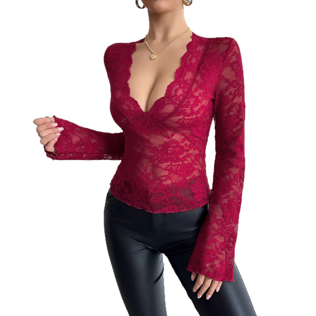 Ladies tailored lace shirt with deep V-neck, floral net lace and long sleeves Mune Fashion