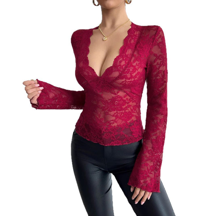Ladies tailored lace shirt with deep V-neck, floral net lace and long sleeves Mune Fashion