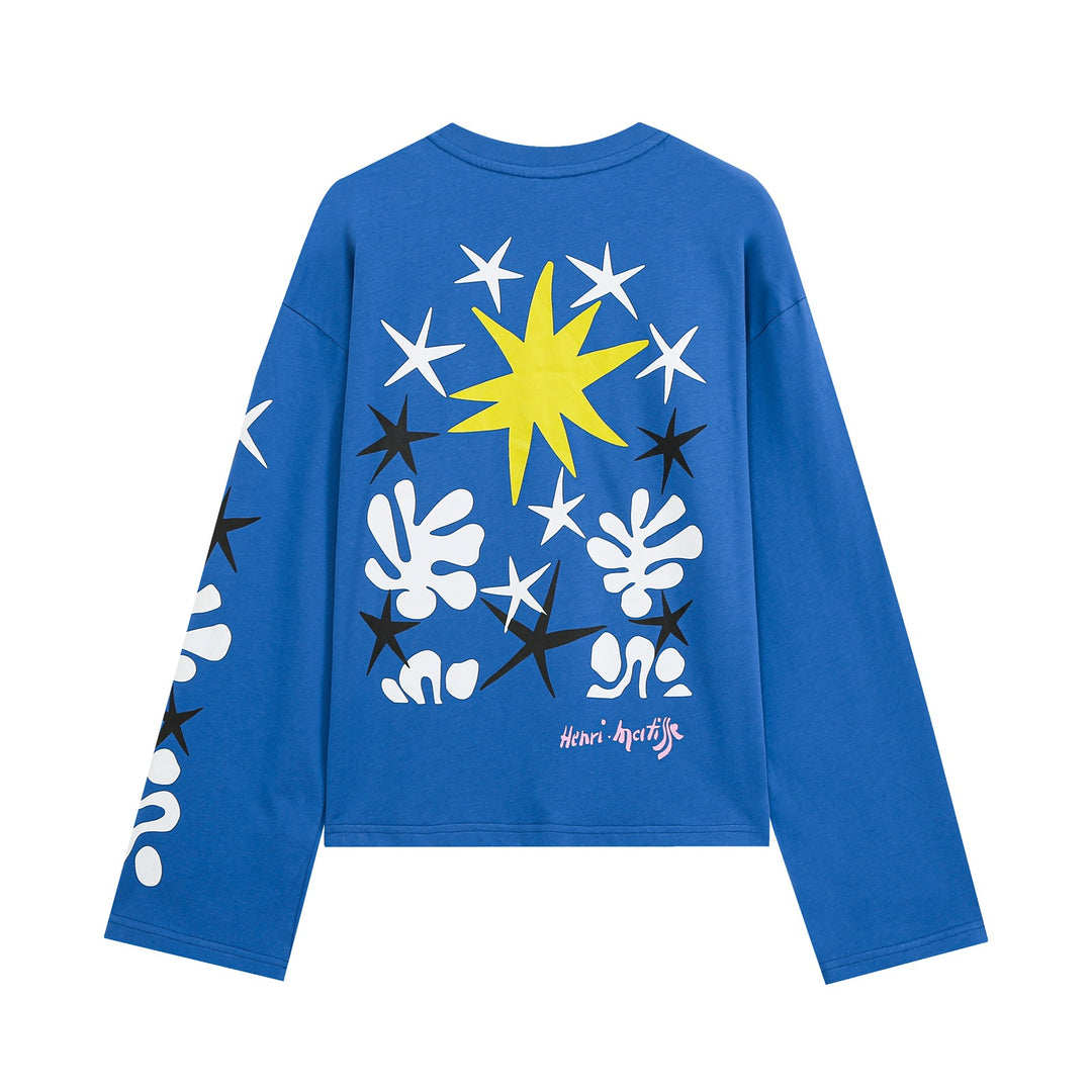 Women Cropped Oversize Long Sleeve Shirt with Graphic Print and Round Neckline Mune Fashion