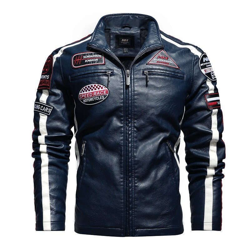 Men's Racing-Style Faux Leather Jacket with Patches, Contrast Stripes and Stand-Up Collar Mune Fashion