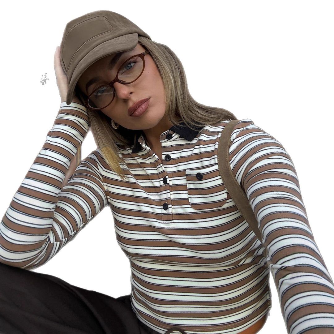 Women's striped polo crop long sleeve with contrast collar and breast pocket Mune Fashion